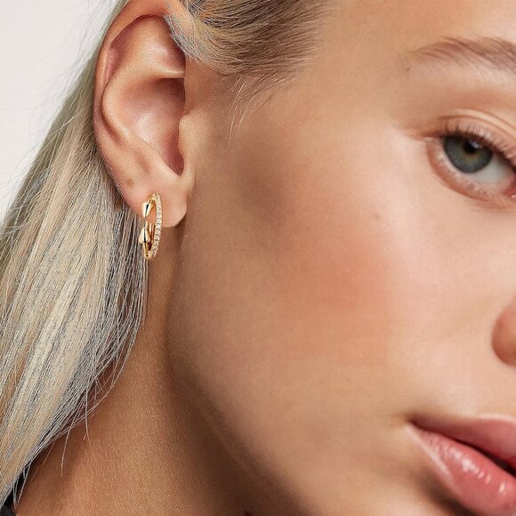 Hypoallergenic Minimalist Huggie Hoop Earrings - 14K Gold and CZ Detail - Picture 3 of 7